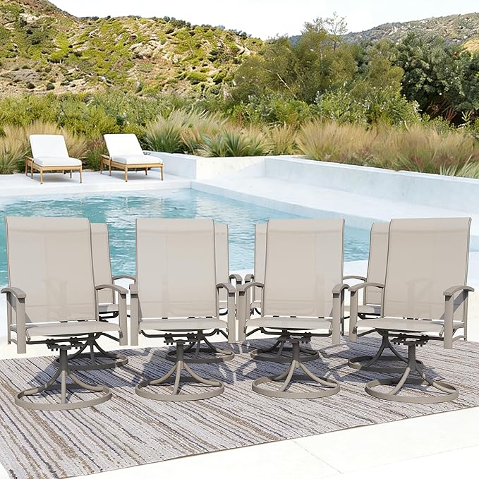 Patio Swivel Chairs Set of 8, All-Weather Metal Outdoor Dining Set with Breathable Mesh Seat, Lightweight Ivory Swivel Bistro Chairs for Garden, Deck, Porch - Cool & Comfortable Relaxation
