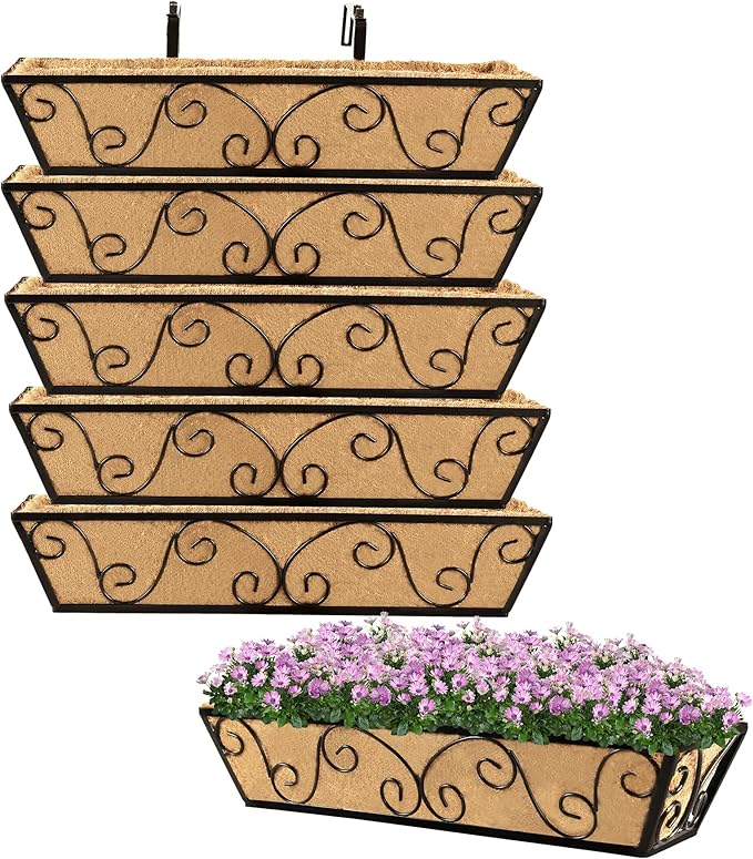 Y&M 24 Inch Window Deck with Coco Liner, Fence Metal Hanging Flower Planter Window Basket Deck Railing Planter Boxes for Outdoor Garden Lawn-Butterfly,6pcs