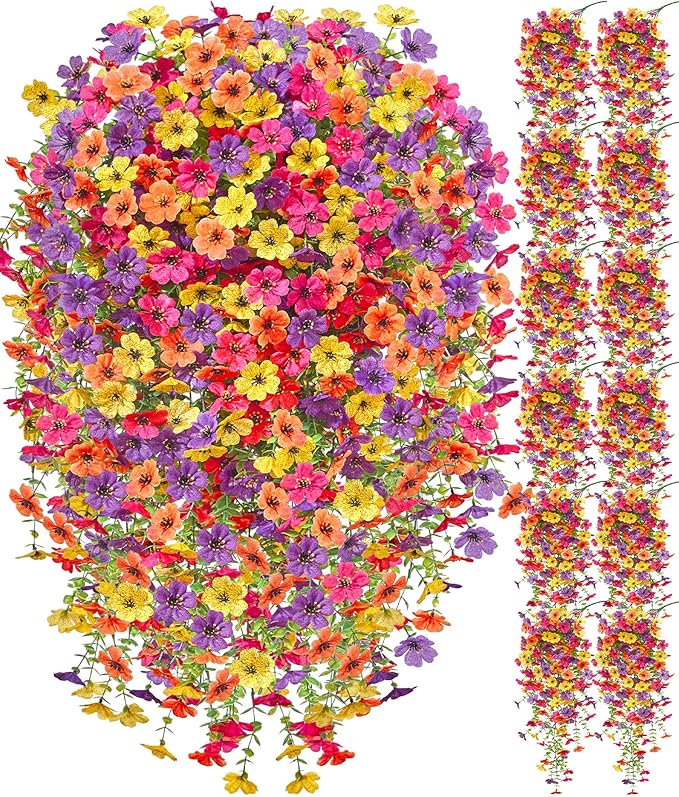 Serwalin 12PCS Artificial Fall Flowers for Outdoors Decoration, Realistic Silk Artificial Fall Hanging Flowers for Patio, Garden, Porch, Window, Outside (Yellow, Hot Pink, Purple &Orange,12PCS)