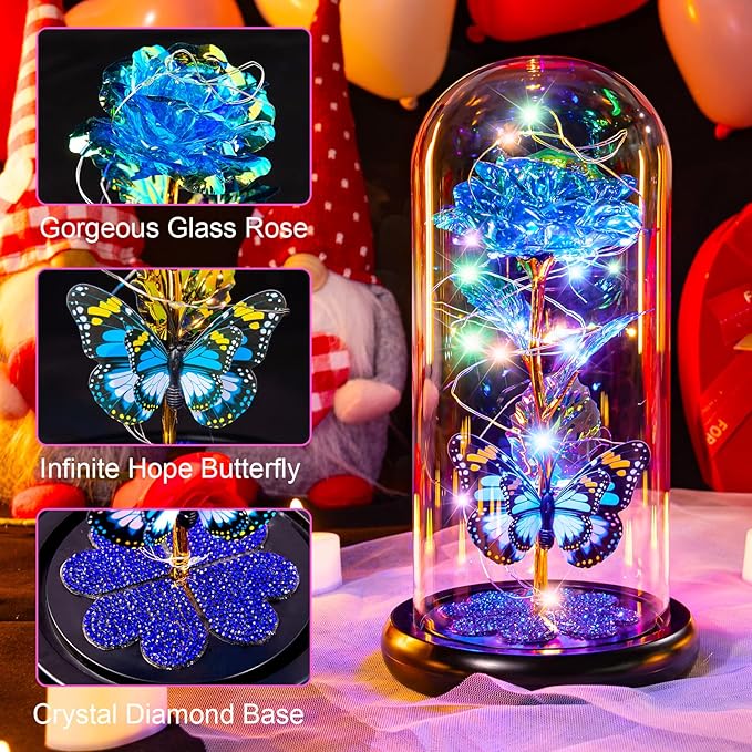 Valentines Day Rose Gifts for Her, Birthday Gift for Women Galaxy Glass Rose in Glass Dome Forever Eternal Crystal Flower with Butterfly Valentine Gifts for Women Daughter Mom Wife Girlfriend Blue