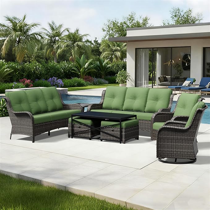 Joyside 8 Piece Wicker Patio Furniture Set, Outdoor Swivel Rocker Patio Chairs with High Back, Deep Seating, Wide Armrest, Thickened Cushions, Outdoor Furniture for Deck, Porch Use