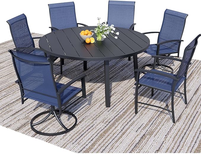 7 Pieces Outdoor Table and Chairs for 6, 47" Black Round Table with 2 Blue Swivel and 4 Big Chairs, Patio Dining Set with Swivel Chair