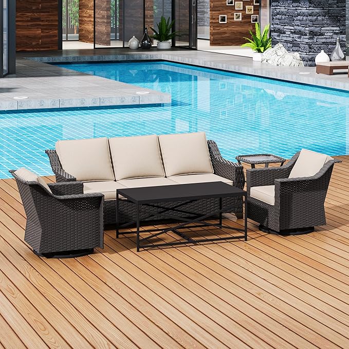 5 Pieces Outdoor Conversation Furniture Set - 77" Patio Sofa, 2 Swivel Rocker Chairs, 1 Side Table, 1 Metal Coffee Table, Patio Wicker Couch Set with Washable Cushions for Porch (Beige)
