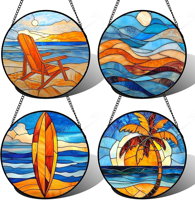 DASTOLL Stained Glass Window Hanging 4 Pcs Set Blue Orange Ocean Beach Theme Large 15" - Suncatcher Door Garden Sun Catcher Decor Birthday Christmas for Mom Woman Nana Men Wife