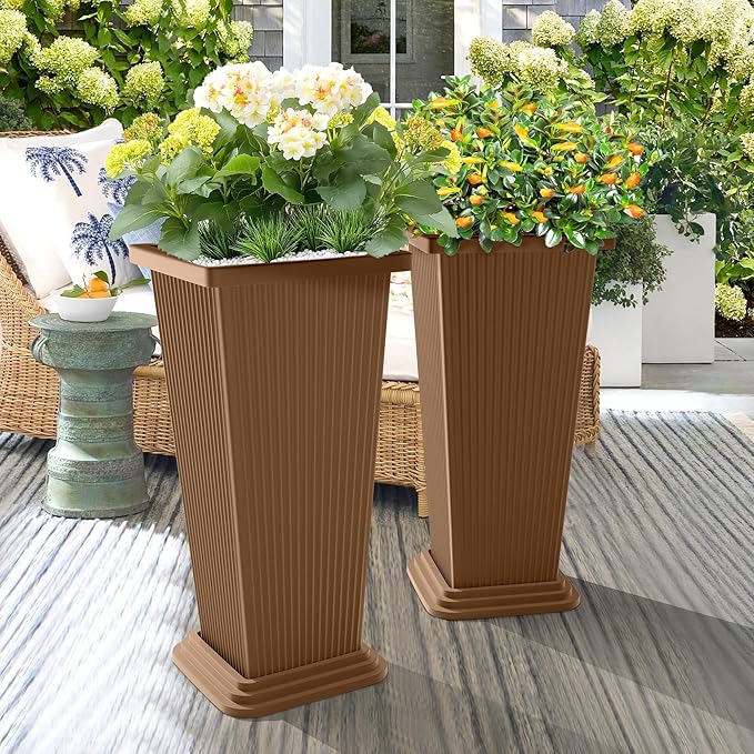 TUYOHW Set of 4 24" Tall Plastic Planters with Trays, Large Tapered Plant Pots for Indoor Outdoor Use, Modern Decorative Planters for Porch, Patio, Garden, and Backyard