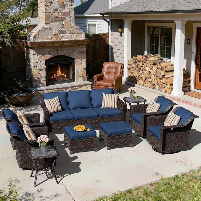 9 Pieces Patio Conversation Furniture Set - 1 Sofa, 2 Ottomans, 4 Swivel Chairs, 2 Side Tables, Outdoor Wicker Furniture with Removable Cushions for Porch, Balcony, Sunroom (Blue)
