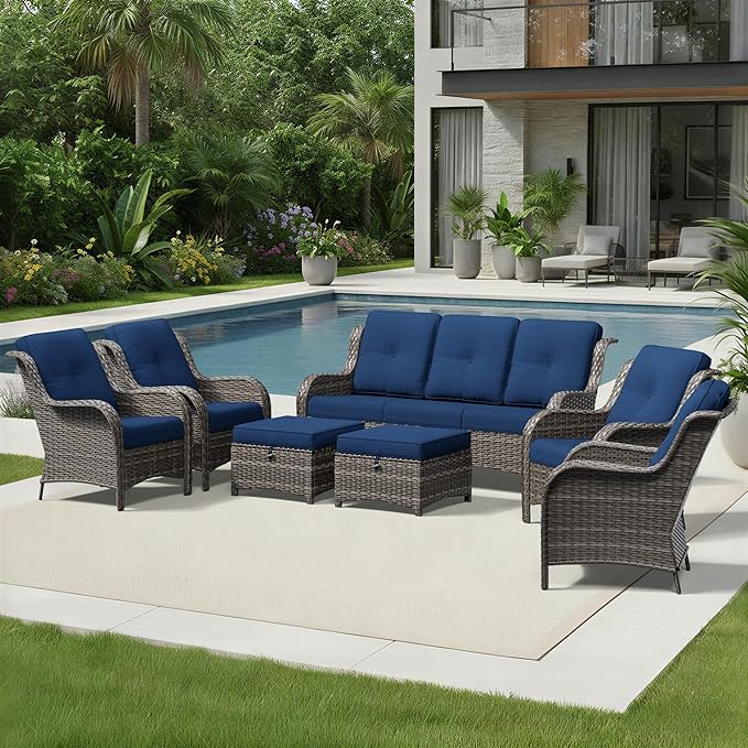 Joyside 7 Piece Wicker Patio Furniture Set, Rattan Patio Chairs with High Back, Deep Seating, Wide Armrest, Thickened Cushions, Outdoor Furniture for Deck, Porch Use