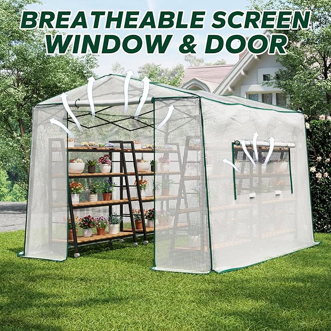11.5x8.5x7.4 ft Walk-in Greenhouse, Portable Plant Hot House with Zipper Windows & Doors, Heavy-Duty PE Cover & Steel Frame, for Garden, Backyard