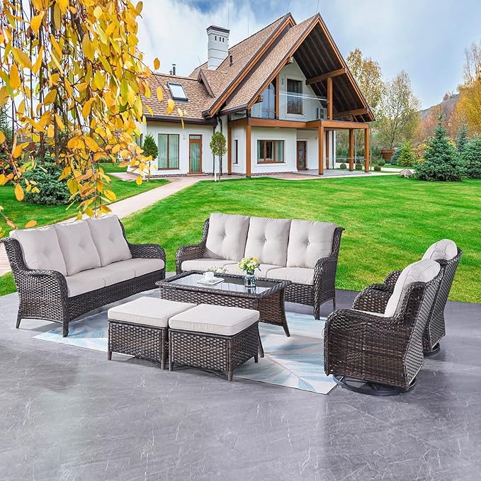 Rilyson Wicker Patio Furniture Set - 7 Piece Rattan Outdoor Sectional Conversation Sets with 2 Rocking Swivel Chairs,2 Ottomans,2 Sofa and 1 Coffee Table for Porch Deck Garden(Brown/Beige)