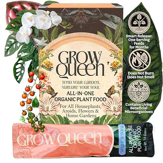 Grow Queen All-in-One Complete Organic Plant Food, Indoor Plant Fertilizer, for Houseplants, Organic Fertilizer for Vegetable Gardens, 11 Formulated Single Servings Feeds 22 gal Fast and Slow Release