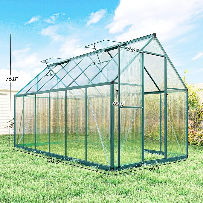 Outsunny 11x6 ft Polycarbonate Greenhouse with Swing Door and Two Adjustable Roof Vents, Aluminum Walk-in Greenhouse Outdoor Greenhouse for Patio Garden Backyard, Dark Green