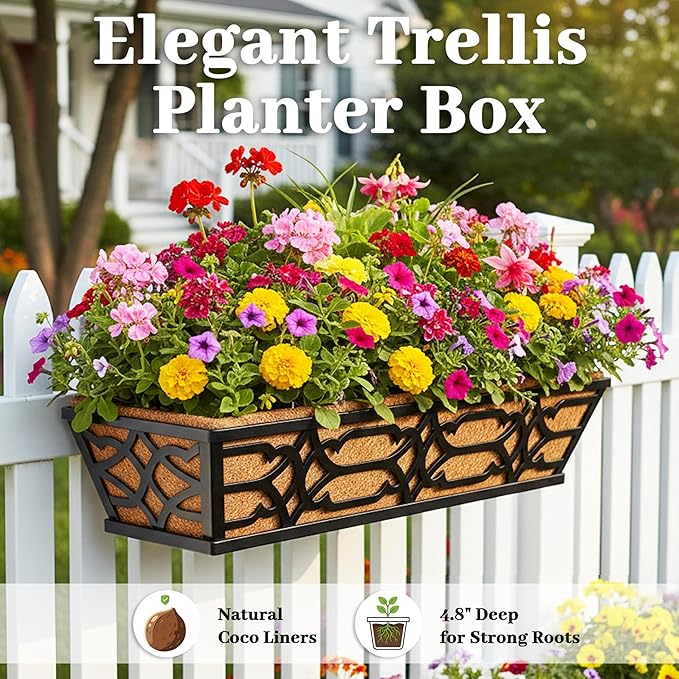 Railing Planter Box, Window Planter Boxes Outdoor 2 Pack 30 Inch Hanging Planter with Adjustable Bracket for Porch, Fence Flower Baskets with Coco Liners