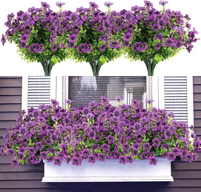 UV Resistant Artificial Outdoor Flowers, 12 Bundles Fake Outdoor Silk Flowers Fade Resistant Faux Flowers Plants for Outside Planters, Window Box, Porch Decor-Purple