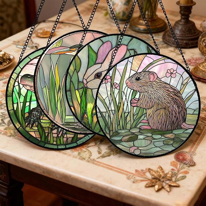 DASTOLL Stained Glass Window Hanging 4 Pcs Set Cute Animal 7.8"- Green Plant Pink Suncatcher Door Garden Sun Catcher Decor Birthday Christmas for Mom Woman Nana Men Friend