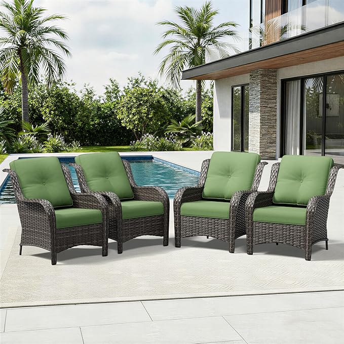 Joyside 4 Piece Wicker Patio Furniture Set, Rattan Patio Chairs with High Back, Deep Seating, Wide Armrest, Thickened Cushions, Outdoor Furniture for Deck, Porch Use