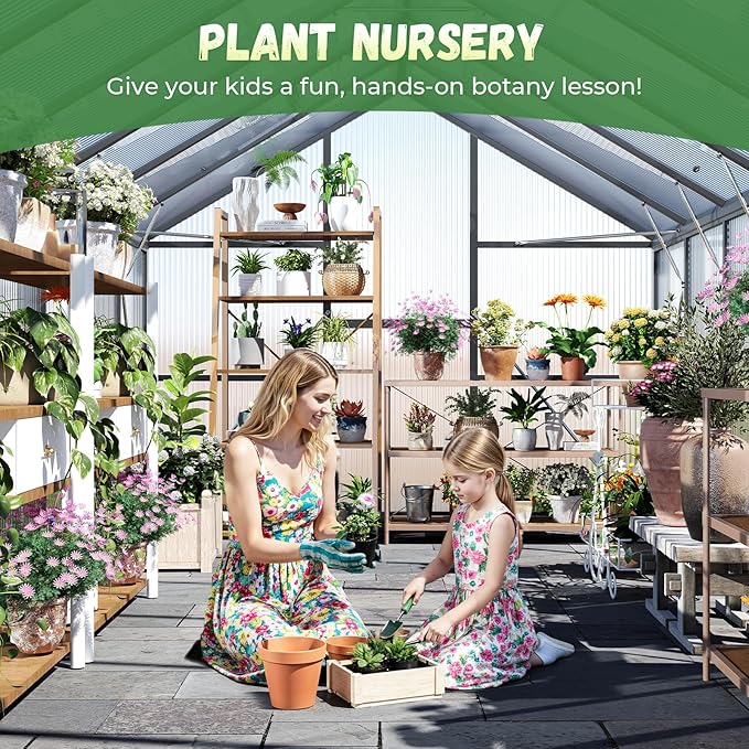 8x14FT Greenhouse for Outdoors, Galvanized Steel Frame Winter Green House w/ Adjustable Roof Vent, Lockable Door Handle &DrainageSystem, Walk-in Greenhouses for Outside Garden Backyard