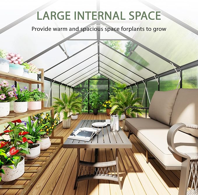 8 x 16 FT Outdoor Greenhouse, Heavy-Duty Polycarbonate Greenhouse with Aluminum Frame, Lockable Door, Adjustable Roof Vent, Walk-in Green House for Backyard, Garden, Patio