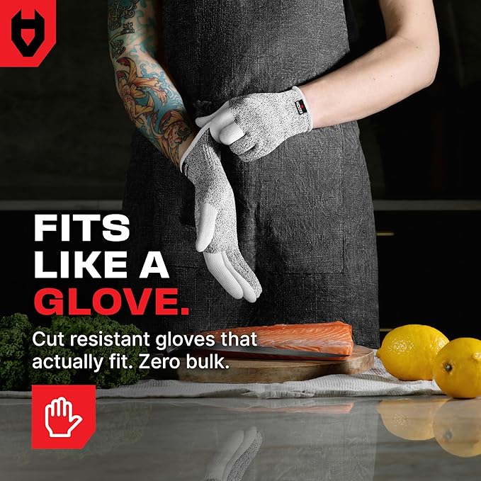 NoCry Cut Resistant Work Gloves for Women and Men, with Reinforced Fingers; Comfortable, 100% Food Grade Kitchen Cooking Hand Protection; Ambidextrous Safety Gear for Cutting;Level 5 Protection 3-pack
