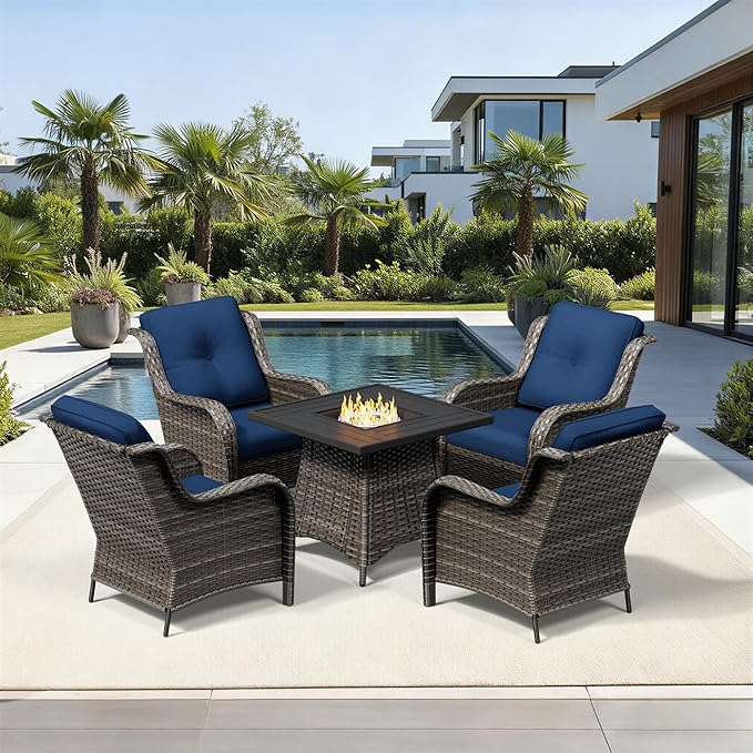 Joyside 5 Piece Wicker Patio Furniture Set with Fire Pit Table, Rattan Patio Chairs with High Back, Deep Seating, Wide Armrest, Thickened Cushions, Outdoor Furniture for Deck, Porch Use