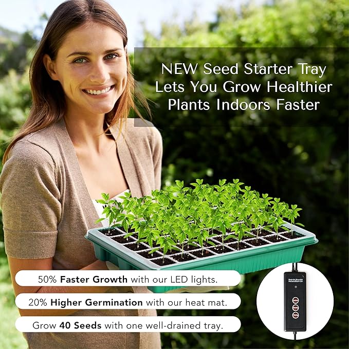 GROWFRIEND Seed Starter Kit with Grow Lights & Heat Mat – 40-Cell Seed Starter Tray, Humidity Dome, Soil Moisture Meter & Sticky Gnat Traps – Indoor Greenhouse & Plant Propagation Station