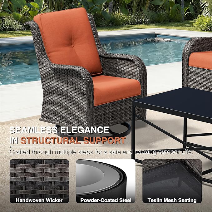 Joyside 6 Piece Wicker Patio Furniture Set, Outdoor Swivel Rocker Patio Chairs with High Back, Deep Seating, Wide Armrest, Thickened Cushions, Outdoor Furniture for Deck, Porch Use