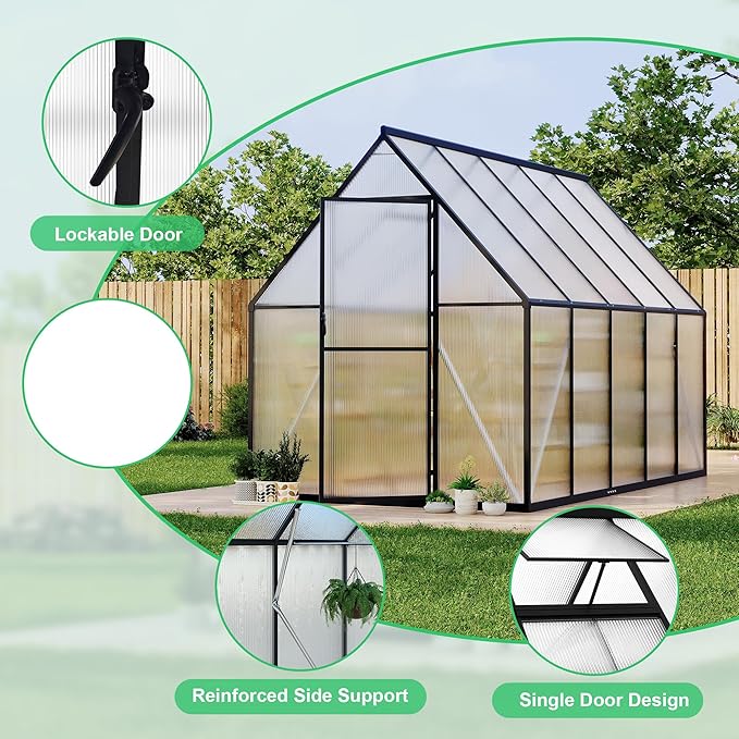 Polycarbonate Greenhouse for Outdoors, Large Walk-InGreenhouse with Quick Setup Structure and Roof Vent, Greenhouse with Ventilation