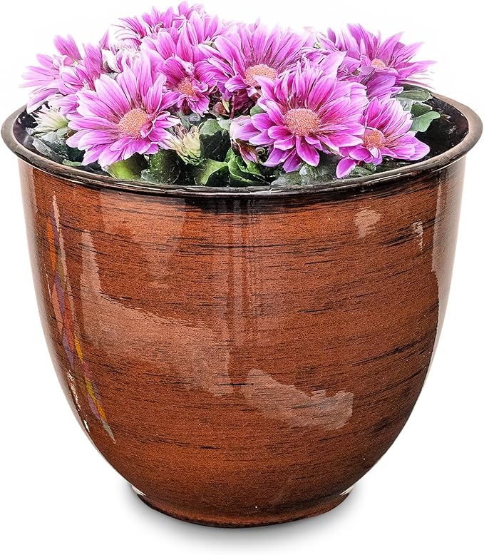Headwind Glazed Ironstone Hamilton Collection Decorative Plant Pot – 8" Chestnut Brown Pot – Lightweight & Durable with Drainage Flower Pots for Indoor Plants & Outdoor Planter Use by Robert Allen