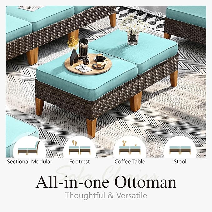 Sophia & William Outdoor Wicker Sectional Sofa Set, 10 Piece Half Moon Curved Patio Furniture Modern Round Outdoor Couch Conversation Set with Ottoman for Backyard, Deck, Garden(Aqua Blue)