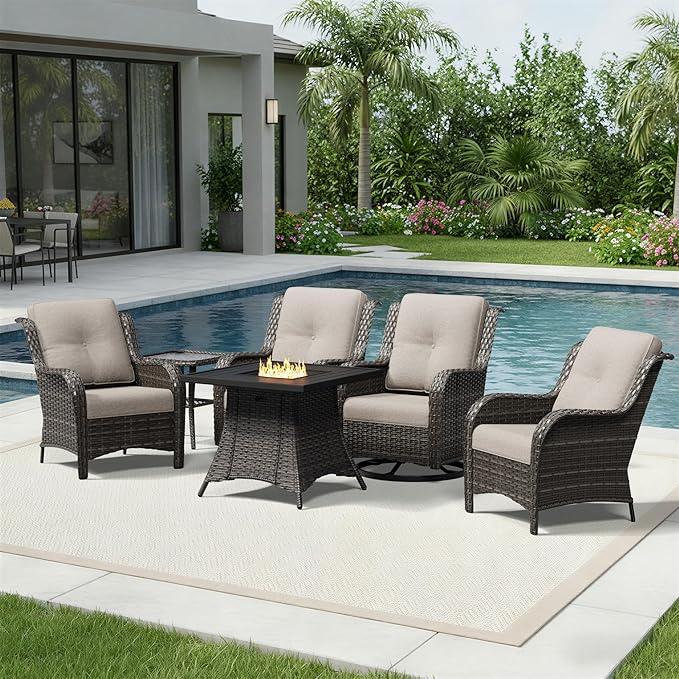 Joyside 6 Piece Wicker Patio Furniture Set with Fire Pit Table, Rattan Patio Chairs with High Back, Deep Seating, Wide Armrest, Thickened Cushions, Outdoor Furniture for Deck, Porch Use