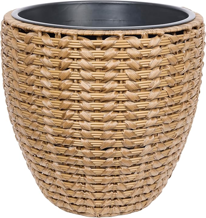 Alpine Corporation Indoor/Outdoor Poly Rattan Planters with Removable Inserts, Aesthetic Lawn and Garden Decor, Brown - Set of 3 Sizes