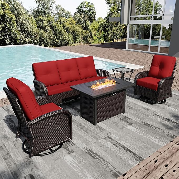 Joyside Wicker Patio Furniture Set with Fire Pit Table, 5 Piece Outdoor Furniture Set with Thickened Cushions, High Back, Deep Seating, Wide Armrest, Outdoor Swivel Rocker Chairs for Porch, Deck