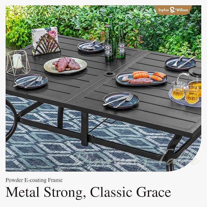 Sophia & William Outdoor Patio Table for 6 People, Rectangular Metal Patio Outdoor Dining Table, Black Steel Slatted Weather-Resistant Table with 2" Adjustable Umbrella Hole, L60 * W38 * H28