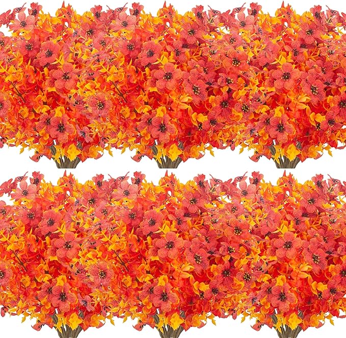 XEOLIAN 12 Bundles Artificial Fall Flowers Fake Plastic Plants Indoor Outside Hanging Planter No Fade Faux Autumn Plants Thanksgiving Christmas Wedding Party Home Garden Fireplace Décor (Gold Yellow)