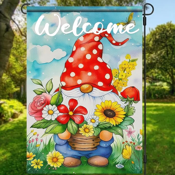 Easter Garden Flag 12x18 Inch Double Sided Cute Gnome Garden Flags Spring Gnome and Flowers Theme Yard Flag Polyester Yard Decoration for Outdoor Lawn and Patio
