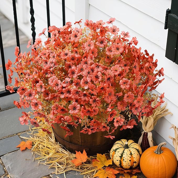 florisso Artificial Fall Flowers Fake Mums for Outdoor Autumn Decoration, 12 Bundles Faux Silk Orange Yellow Mums Daisy Look Real UV Resistant for Outside Home Porch Patio Planter