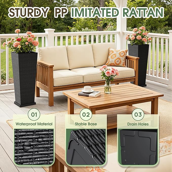 Set of 2 Tall Plastic Planters with Saucer, 32 Inch Height Pots with Drainage Trays, Black