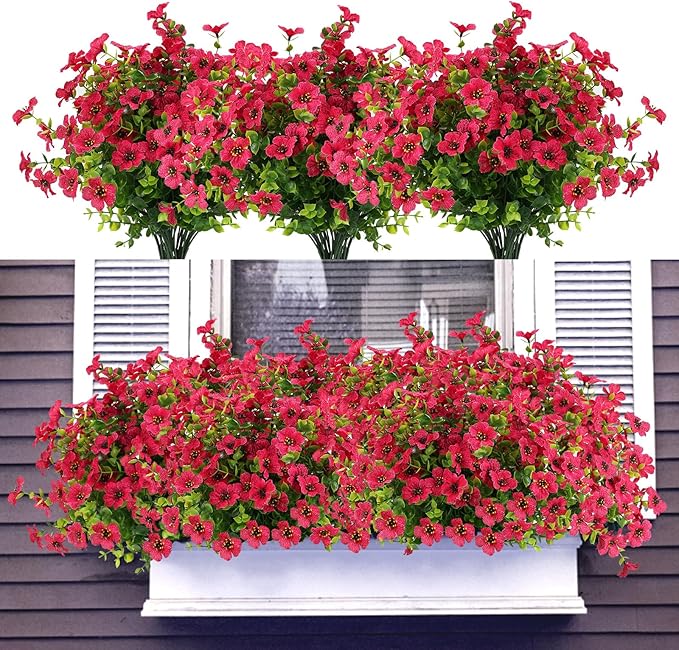 12 Bundles Artificial Flowers for Outdoors UV Resistant, Realistic Fake Silk Flowers Outside Fade-Proof Faux Plants for Outdoor Planters Window Box Front Porch-Red