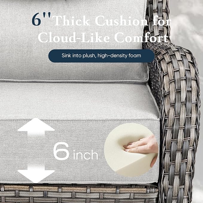 Belord Luxury 6" Thick Cushioned Outdoor Swivel Rocker Chairs Set of 4 with Fire Pit Table, High Back Wicker Patio Furniture Set with Ergonomic Zone Back, Conversation Set for Deck Porch - Grey+Beige