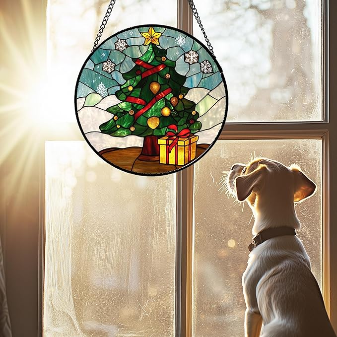 DASTOLL Stained Glass Window Hanging Green Christmas Tree Snowflake Large 15" - Suncatcher Door Garden Sun Catcher Xmas Holiday Decor Birthday for Mom Men Woman Friend Nana