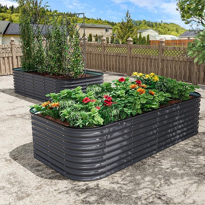 MUPATER 24''H Raised Garden Bed, 8x4FT Galvanized Raised Garden Bed W/ 3 Aluminum Support Rods, Mutli in 1 Modular Raised Planter Box Outdoor for Vegetables, Plants, Grey