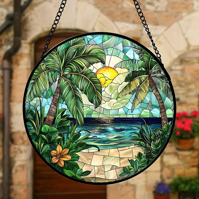 DASTOLL Stained Glass Window Hanging, Green Beach Scenery Suncatcher Diamond Glass Panel Hangings Sun Catchers Decor for Birthday for Women, Men, Wife, Aunt, and Mom 11.8x11.8 in