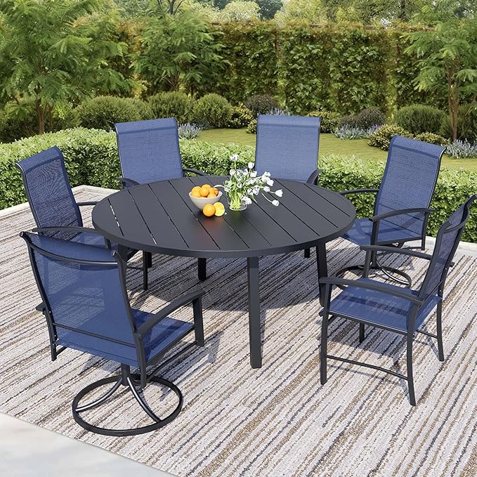 7 Pieces Outdoor Table and Chairs for 6, 47" Black Round Table with 2 Blue Swivel and 4 Big Chairs, Patio Dining Set with Swivel Chair