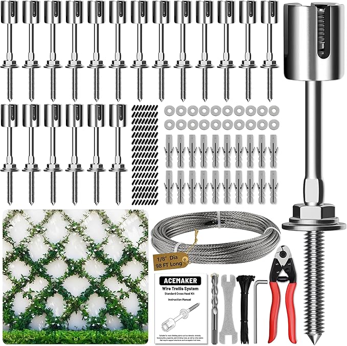 Acemaker Wire Trellis for Climbing Plants Outdoor, 20-Set Wall Wire Trellis Kit with 1/8in x 98ft Stainless Steel Cable & Cutter, T316 Espalier System for Fence and Garden DIY Projects
