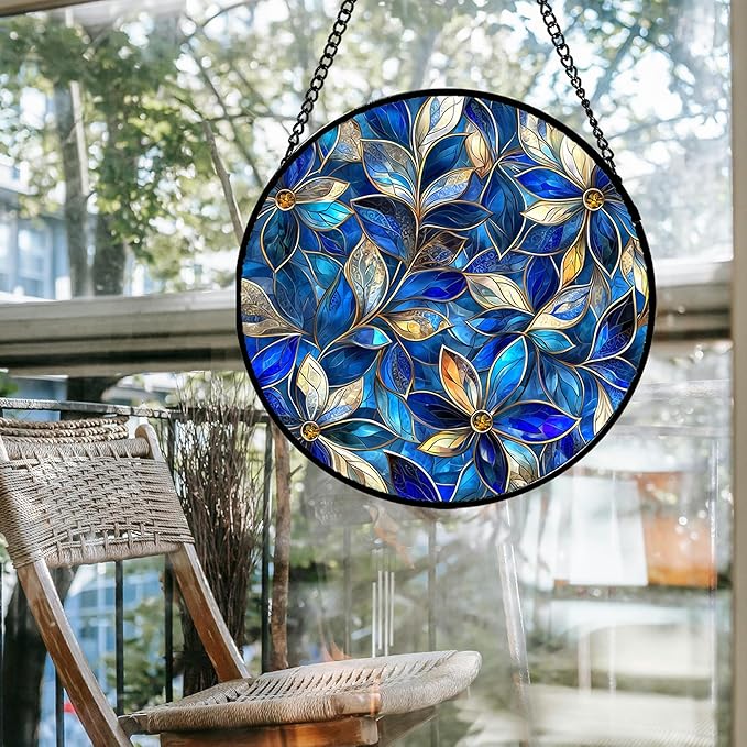 JOSUMALY Stained Glass Window Hanging - Blue Gold Abstract Flowers Suncatcher for Door Terrace Garden Home Decor, Plant Sun Catcher Birthday Gifts for Lovers Women Men Dad Mom Nana 9.8 in