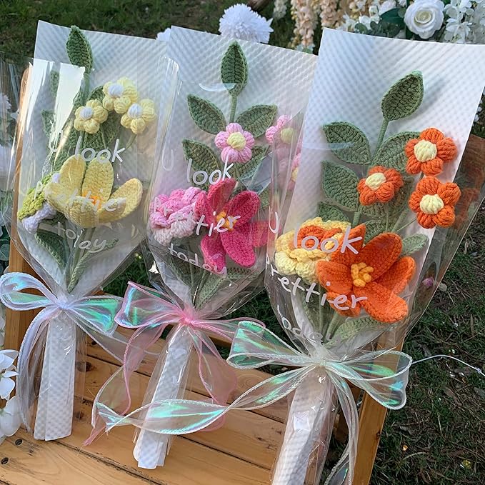 YOOJEE Crochet Flower Bouquet Yellow Rose Tulip Christmas Day Gift - Pet-Safe Handmade Knitted Florals for Women Coworkers Teachers with Greeting Card