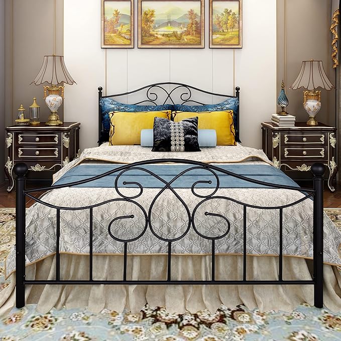 DUMEE Metal Platform Full Size Bed Frame with Vintage Headboard and Footboard Full Bed Frame Under Bed Storage No Box Spring Needed (Full/Double Size, Black)