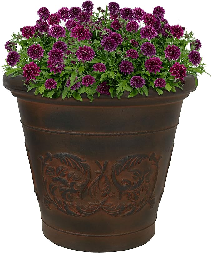 Sunnydaze 16-Inch Arabella Large Plant Pot - Polyresin Insulated Round Outdoor Planter with Drillable Drainage Holes - Rust
