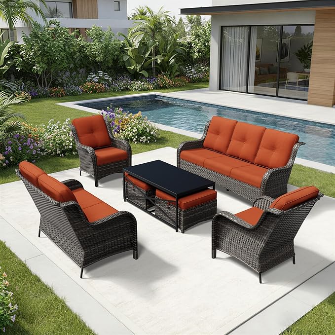 Joyside 7 Piece Wicker Patio Furniture Set, Rattan Patio Chairs with High Back, Deep Seating, Wide Armrest, Thickened Cushions, Outdoor Furniture for Deck, Porch Use