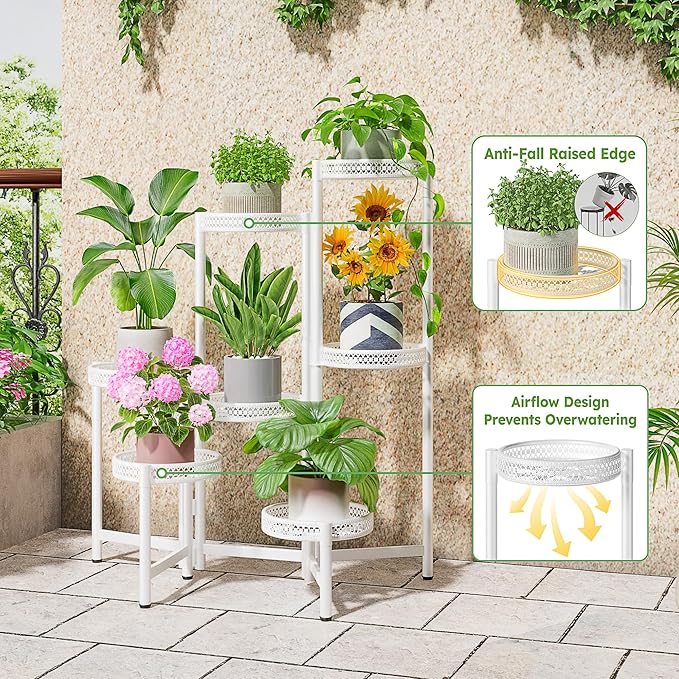 NQW 7 Tier Plant Stand Indoor Outdoor, Corner Tiered Plant Stands, Planter Display Rack for Multiple Plants, Wrought Iron Flower Stand, Folding Tall Plant Rack Shelf for House Patio Garden - WhiteWave