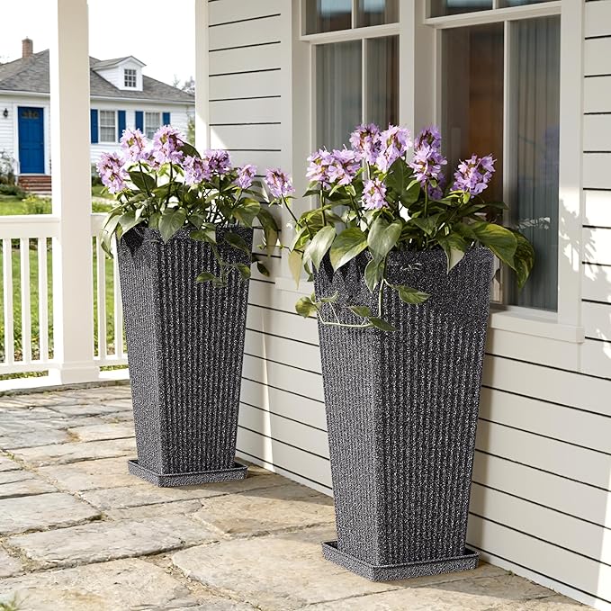 Trygoal Square Tall Planters for Outdoor Plants Set of 2-23.6" Heavy-Duty Classic Tapered Indoor Flower Pots with Drainage Holes/Partition/Tray, Large Outdoor Planters for Porch Patio Garden, Grey